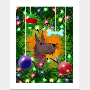 Brown Dog and Christmas Tree Posters and Art